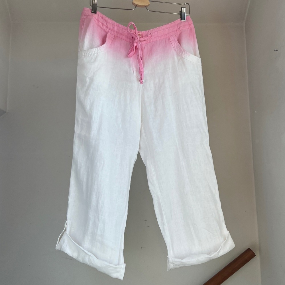 INC Pants 12P Pink White Ombre 100% Linen Dip Dye Straight Leg Cropped Capri NWT